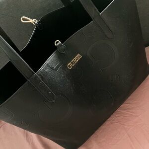 GUESS Black Embossed Logo Tote with Gold Hardware